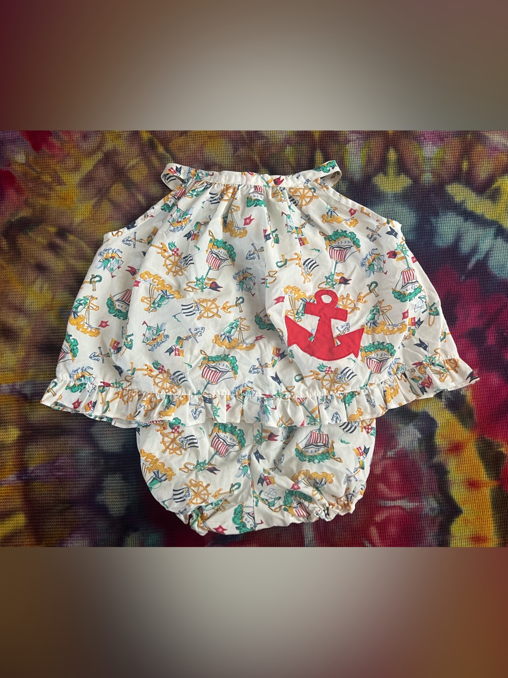 ⚓️VTG 90s Nannette Nautical Anchor Ruffle Pinafore Top & Bloomers Set 4T